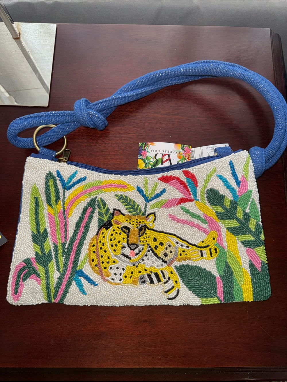 Beaded Leopard Bag with Blue Strap